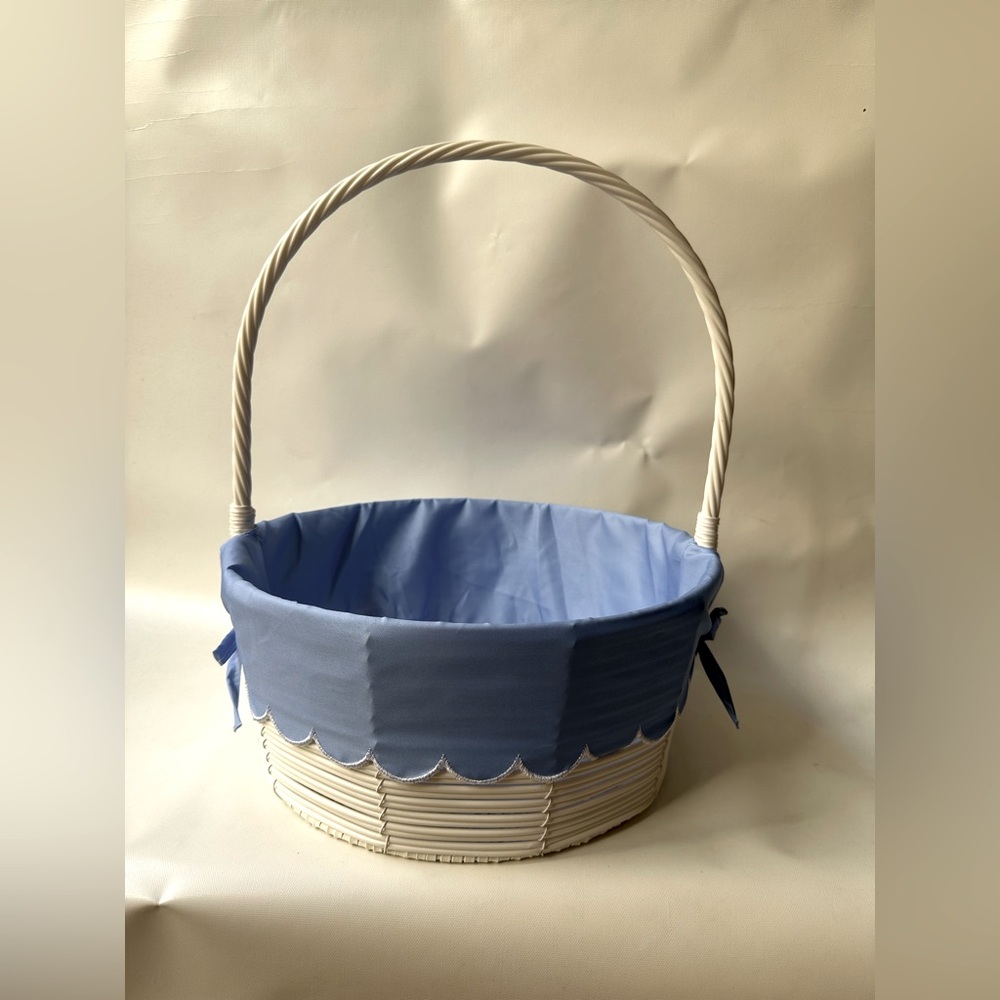 13.5” round x 16” Tall Blue and White Wicker Easter Basket with scalloped liner.